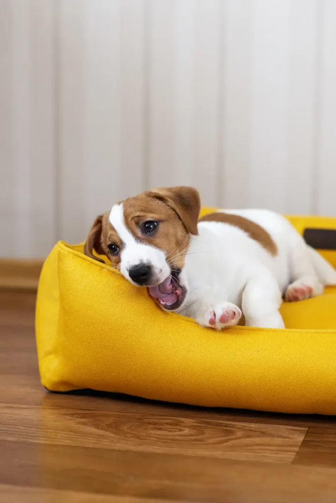 Cute Jack Russel Terrier Puppy Resting on a Yellow Dog bed
